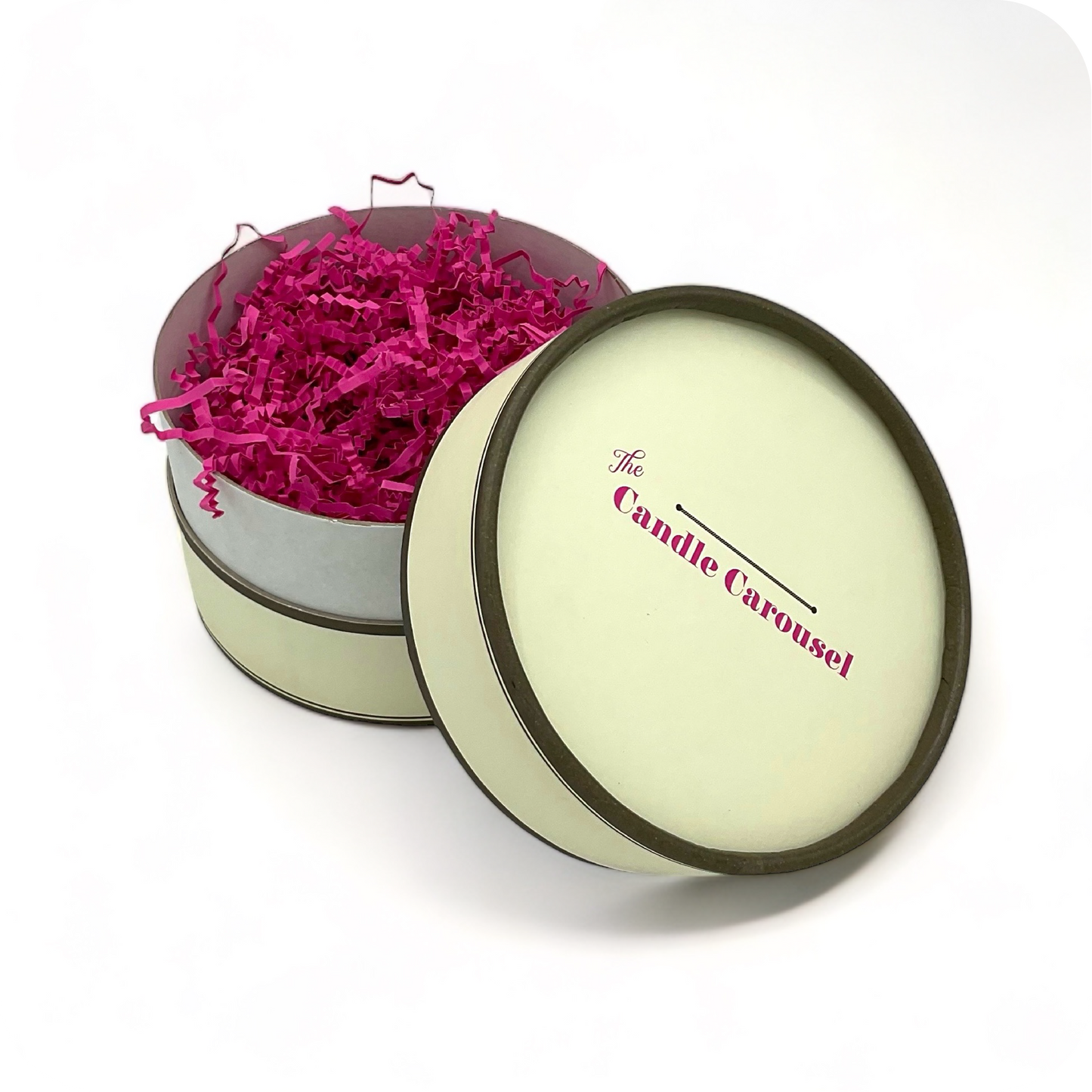 The Candle Carousel Cream and Brown FSC Card Refillable Candle Gift Box, Sustainable Vegan and Cruelty Free Brand Company, Front Main Primary View, Buy today and fill with our Candle Refills Gifts Time and Time again!