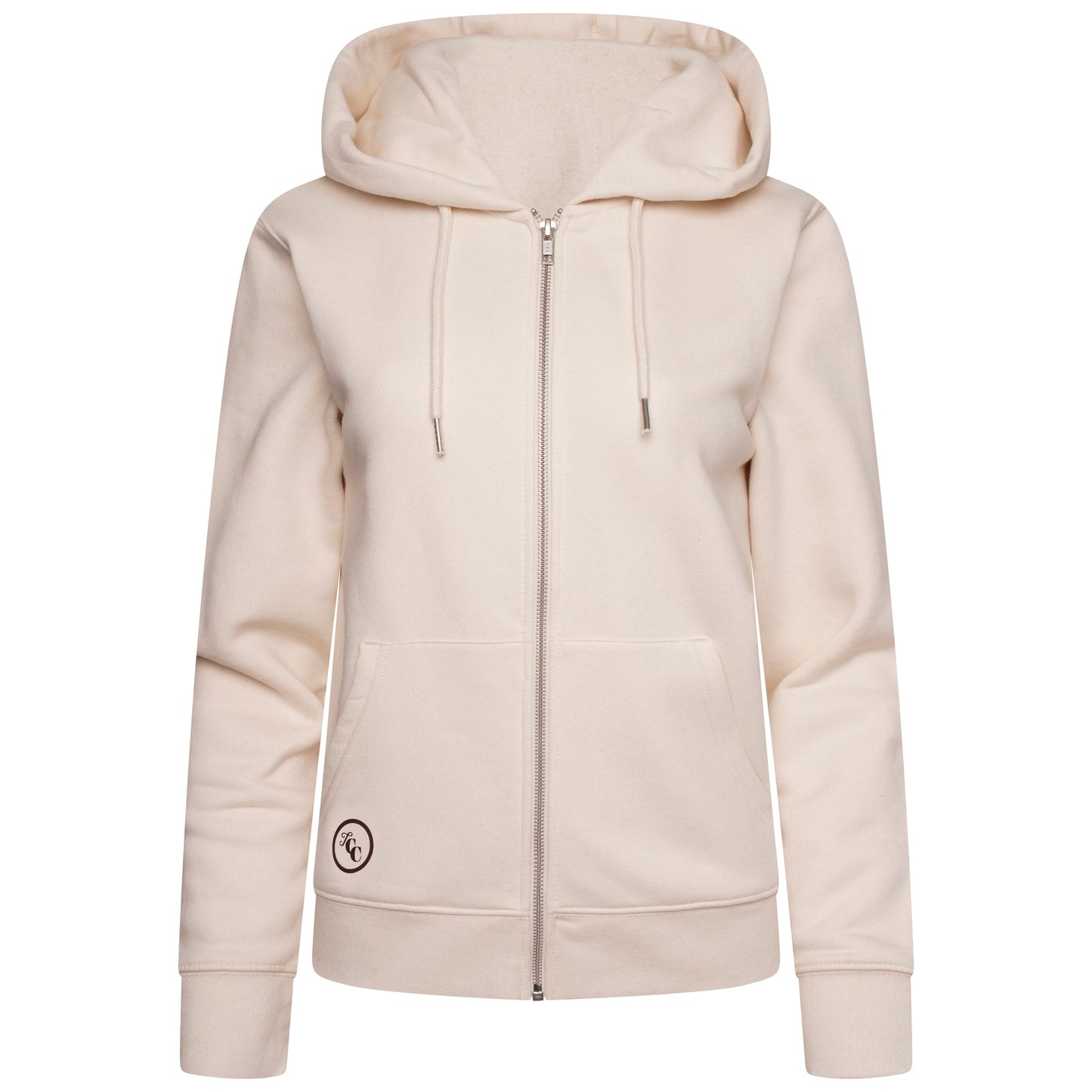 The Candle Carousel Zip Hoodie Organic Cotton Fair Wear, Brown Faux Leather Elbow Patch, Front View View