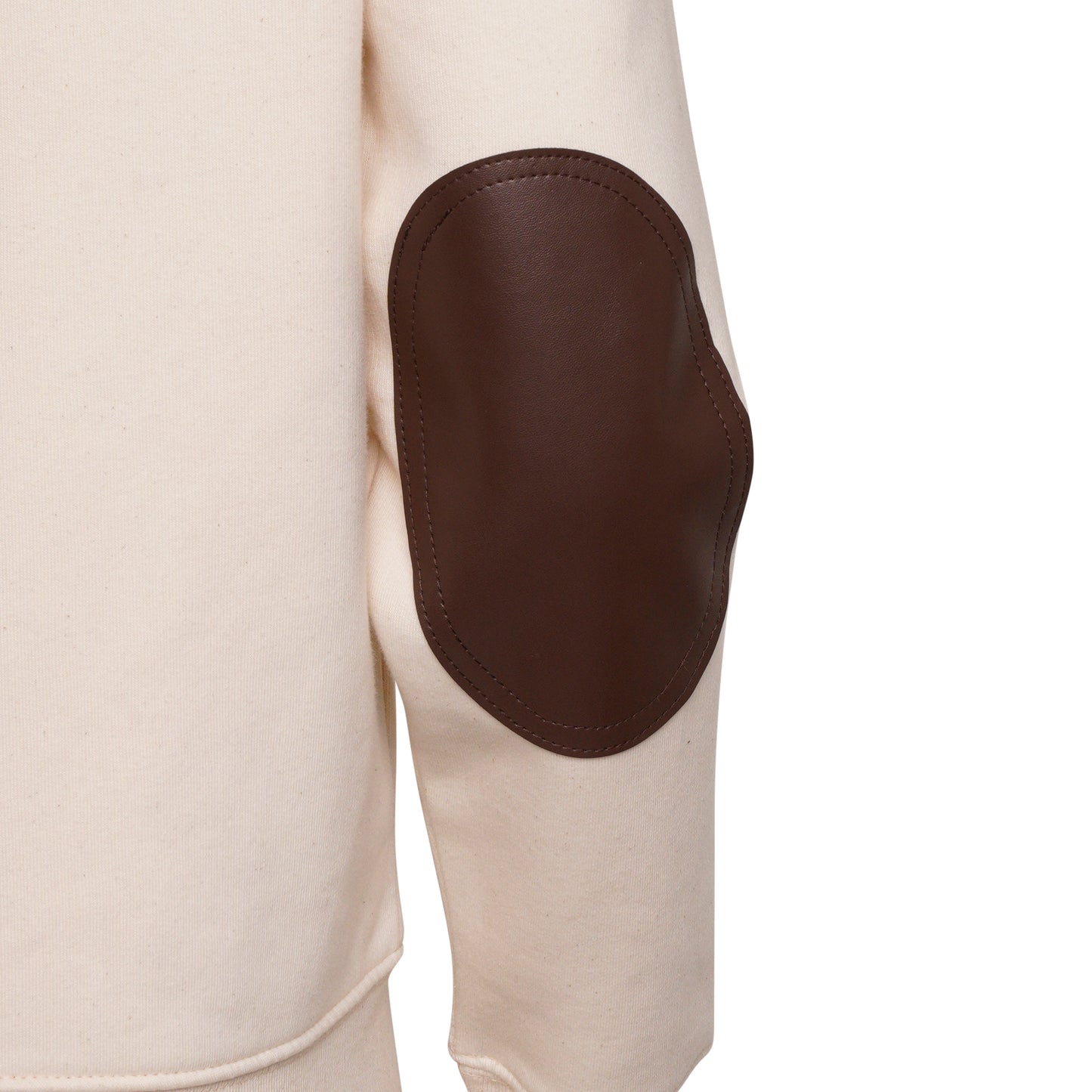 The Candle Carousel Zip Hoodie Organic Cotton Fair Wear, Brown Faux Leather Elbow Patch, Elbow Patch Close Up View