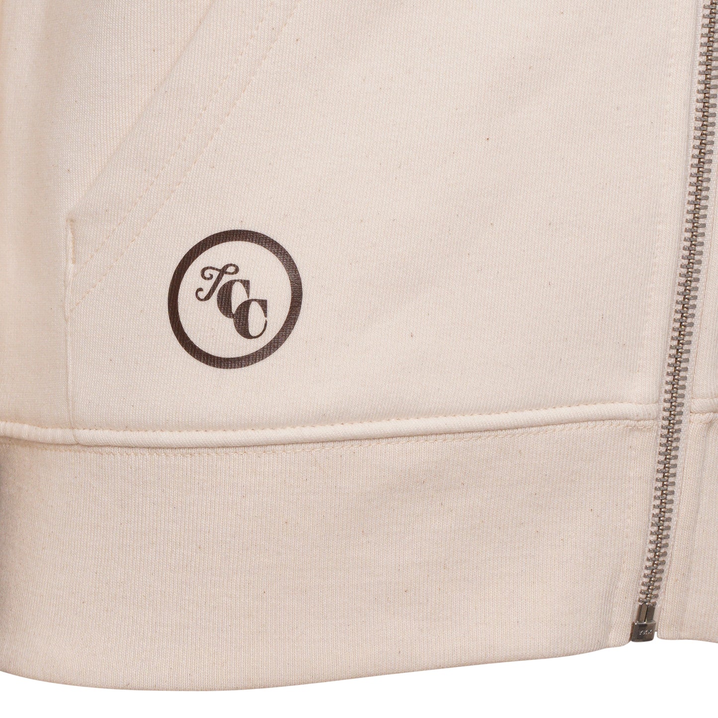The Candle Carousel Zip Hoodie Organic Cotton Fair Wear, Brown Faux Leather Elbow Patch, Logo Close Up View