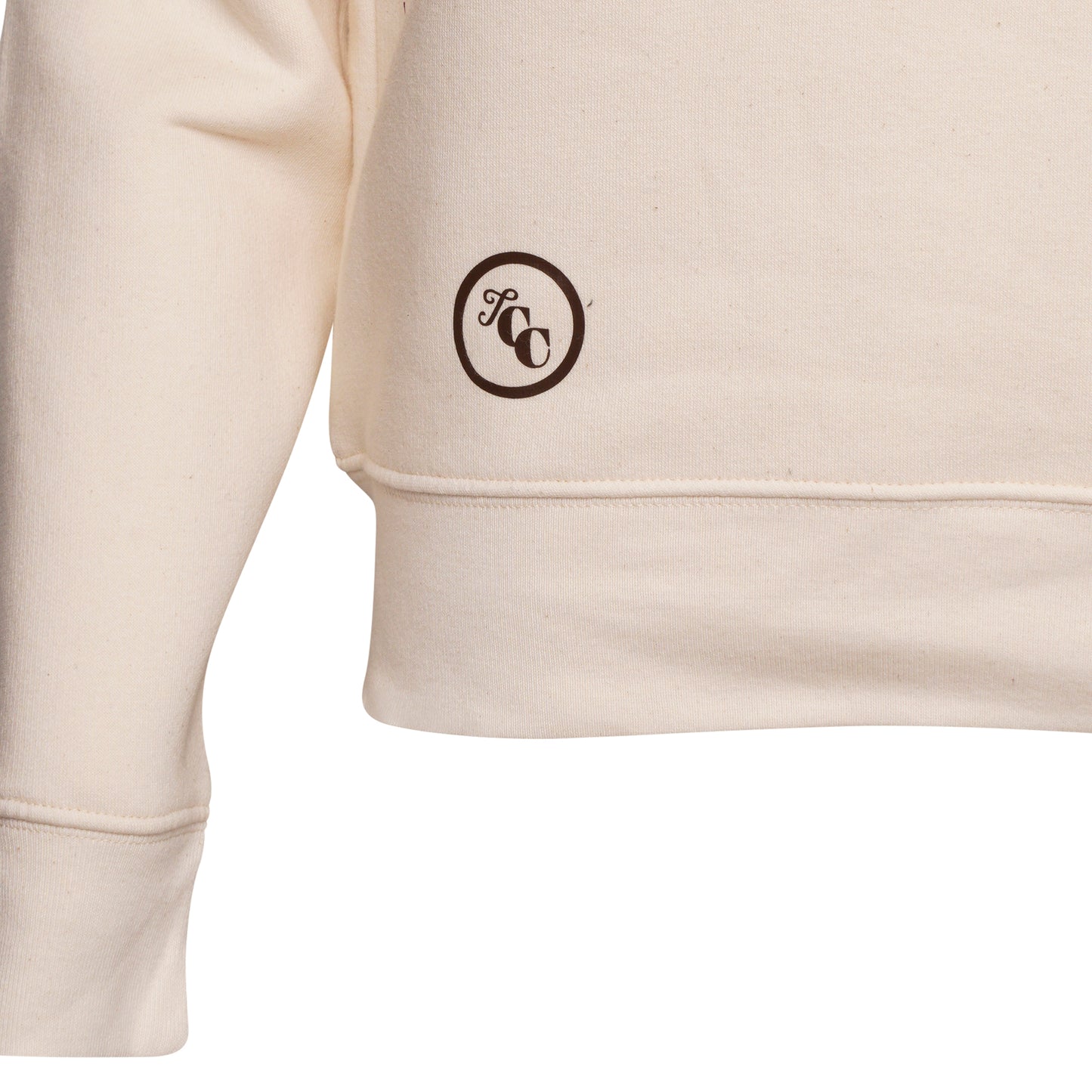 The Candle Carousel Sweatshirt Jumper Organic Cotton Fair Wear, Brown Faux Leather Elbow Patch, Logo Close Up View