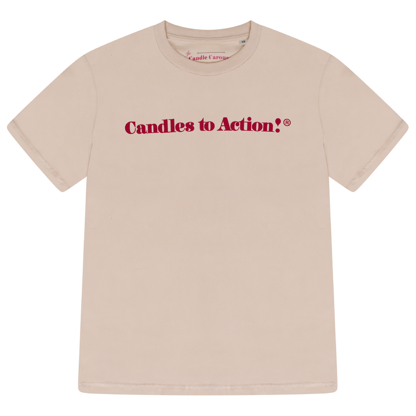 The Candle Carousel Candles To Action!®️ Charity. Pink Logo, Medium Weight T Shirt. Organic Cotton Fair Wear, Front View Main Primary Image