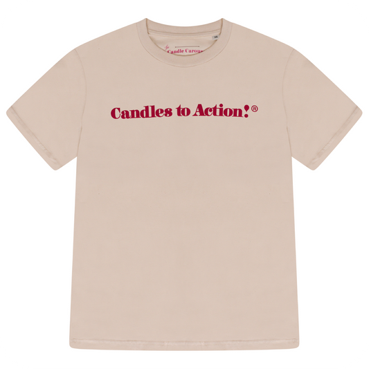 The Candle Carousel Candles To Action!®️ Charity. Pink Logo, Medium Weight T Shirt. Organic Cotton Fair Wear, Front View Main Primary Image