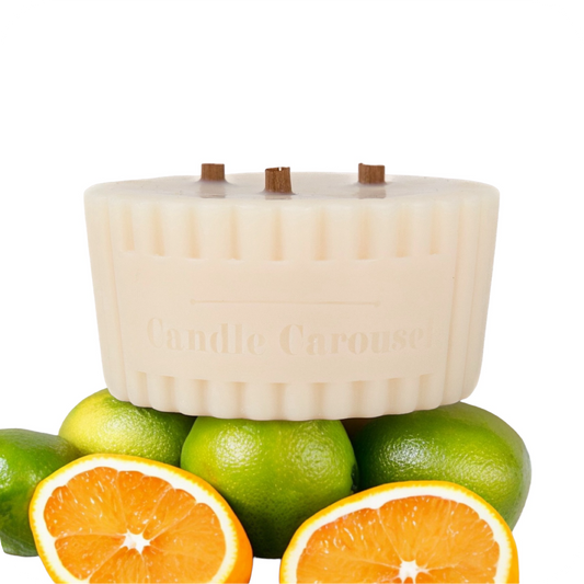 The Candle Carousel Solution Candles®️ Happiness Aromatherapy 100% Pure Essential Oils Candle Refill, Refillable Sustainable Vegan and Cruelty Free, Front with Ingredient Demo Product View, Buy Today and Pair with our Refillable Dishes to Refill Time and Time again!