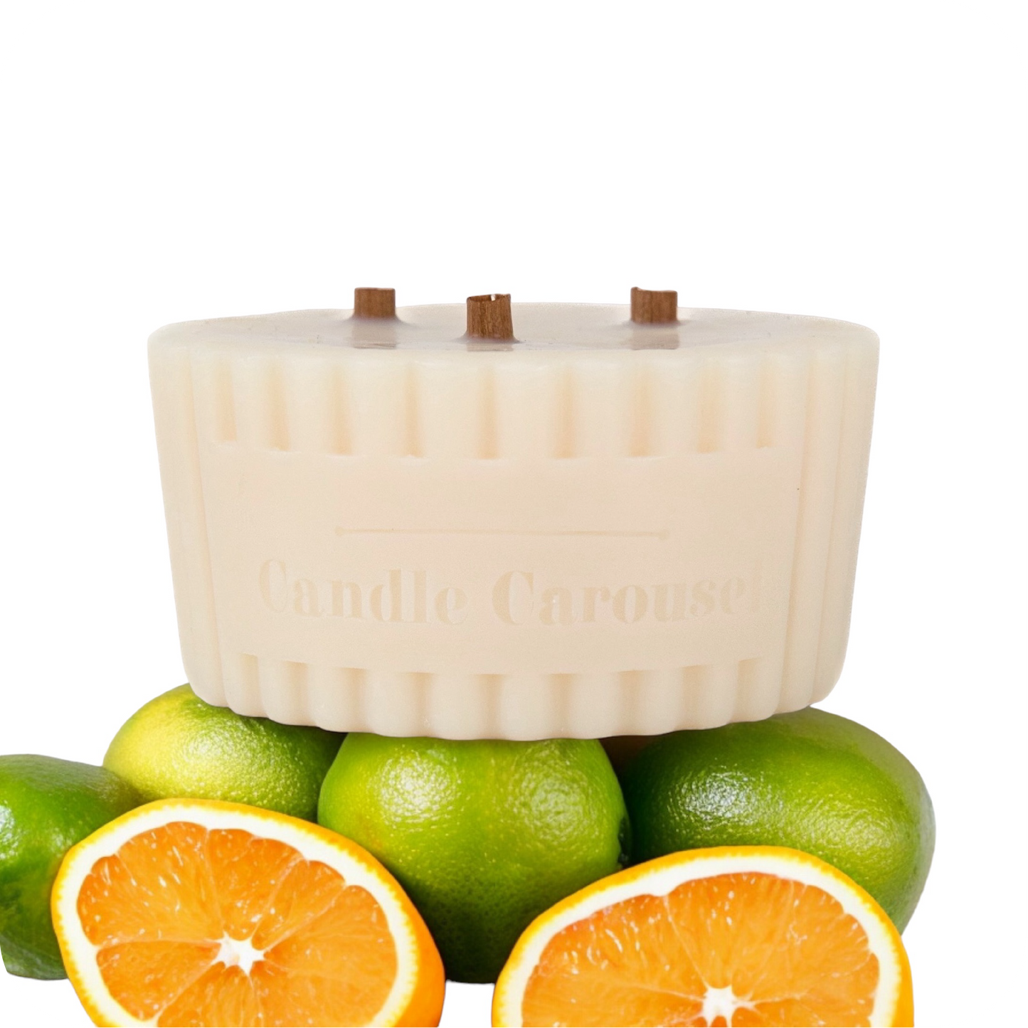 The Candle Carousel Solution Candles®️ Happiness Aromatherapy 100% Pure Essential Oils Candle Refill, Refillable Sustainable Vegan and Cruelty Free, Front with Ingredient Demo Product View, Buy Today and Pair with our Refillable Dishes to Refill Time and Time again!