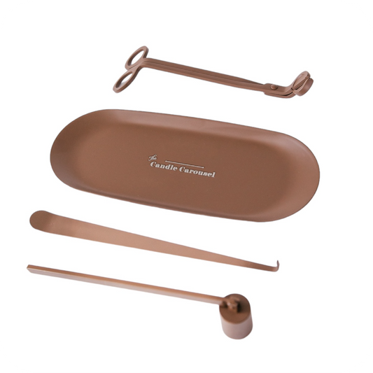 The Candle Carousel Candle Accessories Kit Set Brown Matte Finish, Snuffer Dipper Stick Wick Cutter and Tray, Side Primary Main  View Image