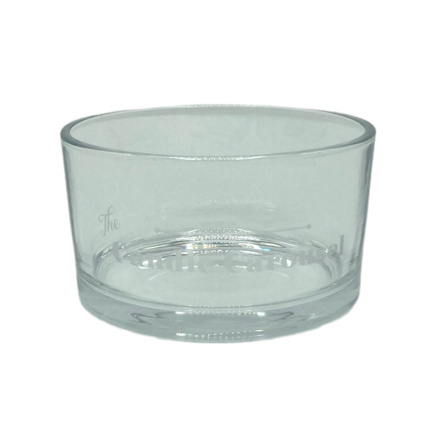 The Candle Carousel Clear Transparent Refillable Candle Dish, Sustainable Vegan and Cruelty Free Brand Company, Front View Main Primary Image. Buy today and fill with our Candle Refills Time and Time again!