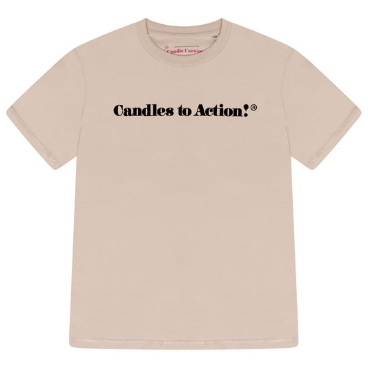 The Candle Carousel Candles To Action!®️ Charity. Brown Logo, Medium Weight T Shirt. Organic Cotton Fair Wear, Front View Primary Main Image