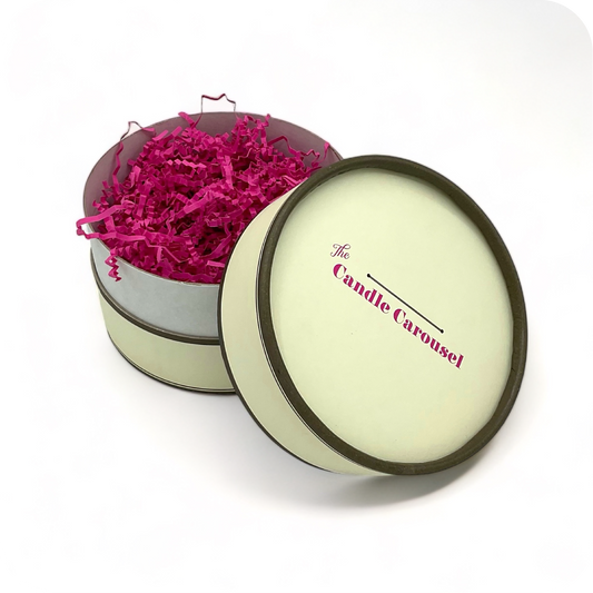 The Candle Carousel Cream and Brown FSC Card Refillable Candle Gift Box, Sustainable Vegan and Cruelty Free Brand Company, Front Main Primary View, Buy today and fill with our Candle Refills Gifts Time and Time again!