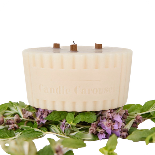 The Candle Carousel Solution Candles®️ Focus Aromatherapy 100% Pure Essential Oils Candle Refill, Refillable Sustainable Vegan and Cruelty Free, Front with Ingredient Demo Product View,  Buy Today and Pair with our Refillable Dishes to Refill Time and Time again!