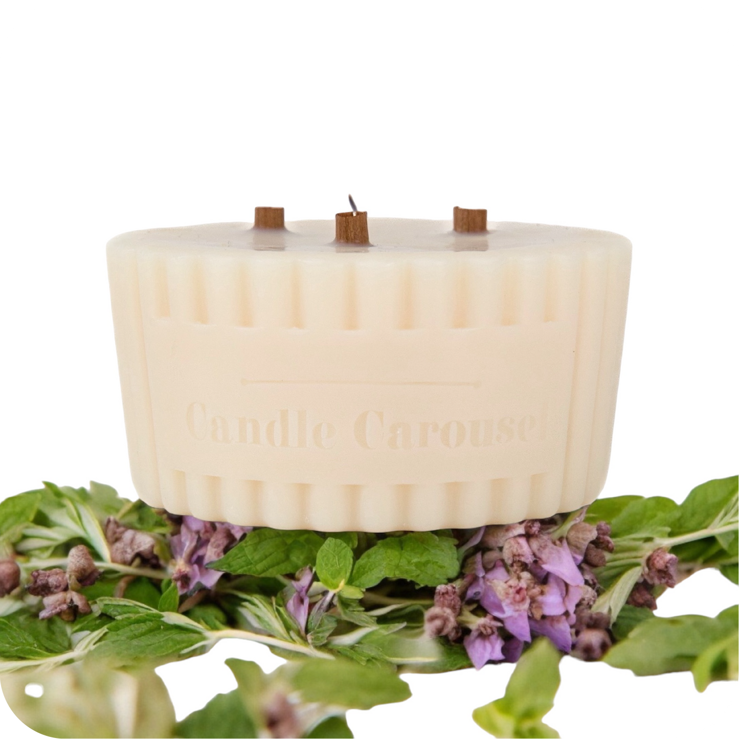 The Candle Carousel Solution Candles®️ Focus Aromatherapy 100% Pure Essential Oils Candle Refill, Refillable Sustainable Vegan and Cruelty Free, Front with Ingredient Demo Product View, Buy Today and Pair with our Refillable Dishes to Refill Time and Time again!