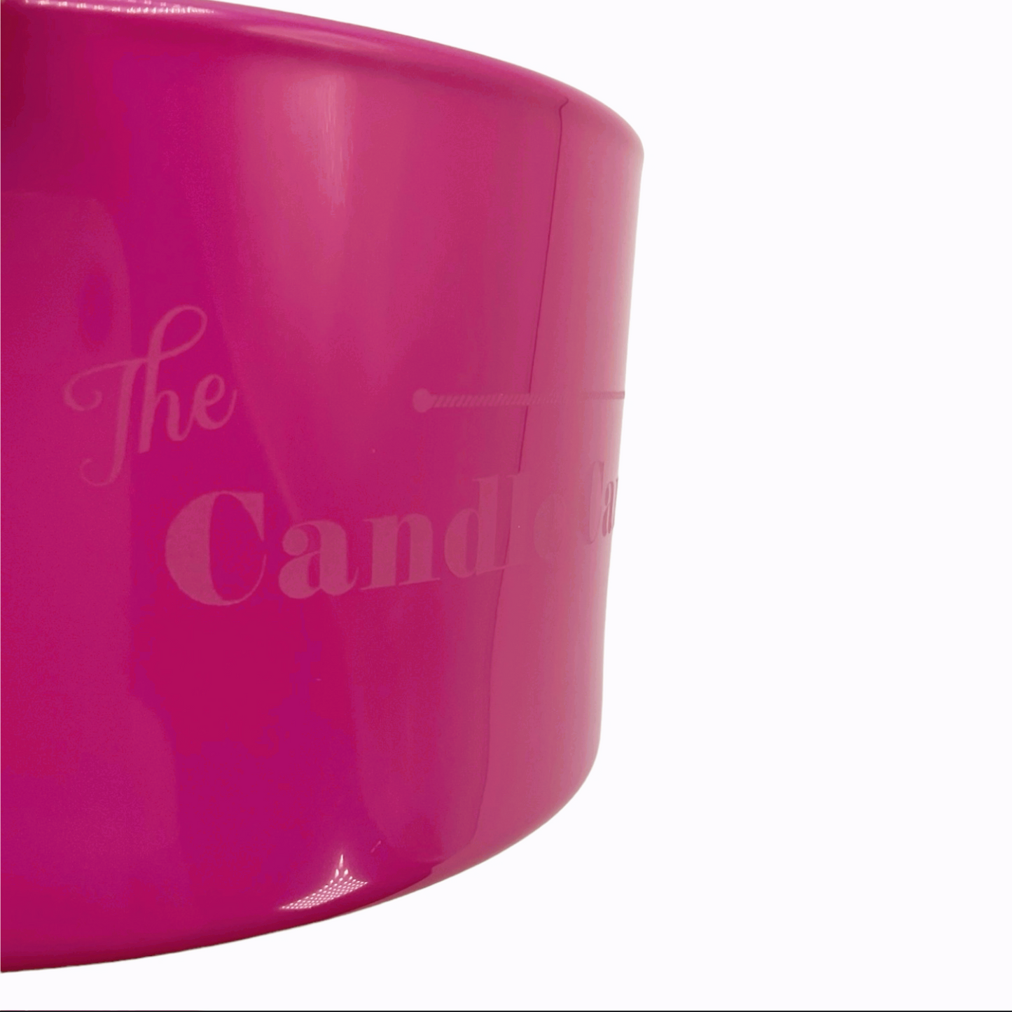 The Candle Carousel Pink Gloss Refillable Candle Dish, Sustainable Vegan and Cruelty Free Brand Company, Side Front Close Up Logo View. Buy for Candle Refills Time and Time again!