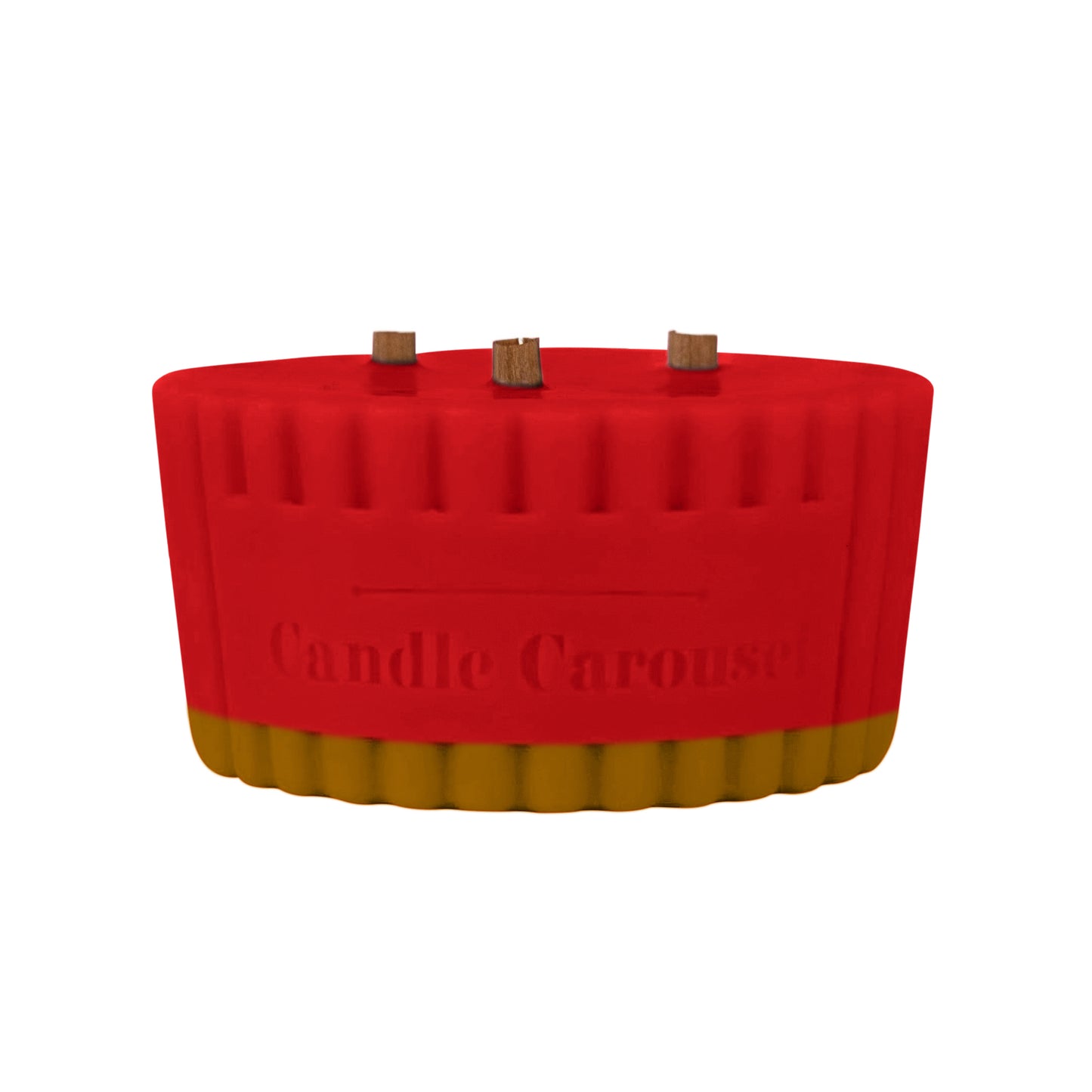 The Candle Carousel. Funfair Toffee Apple Fragranced candle. with Wooden Wicks. Red candle refill with brown base on a white background