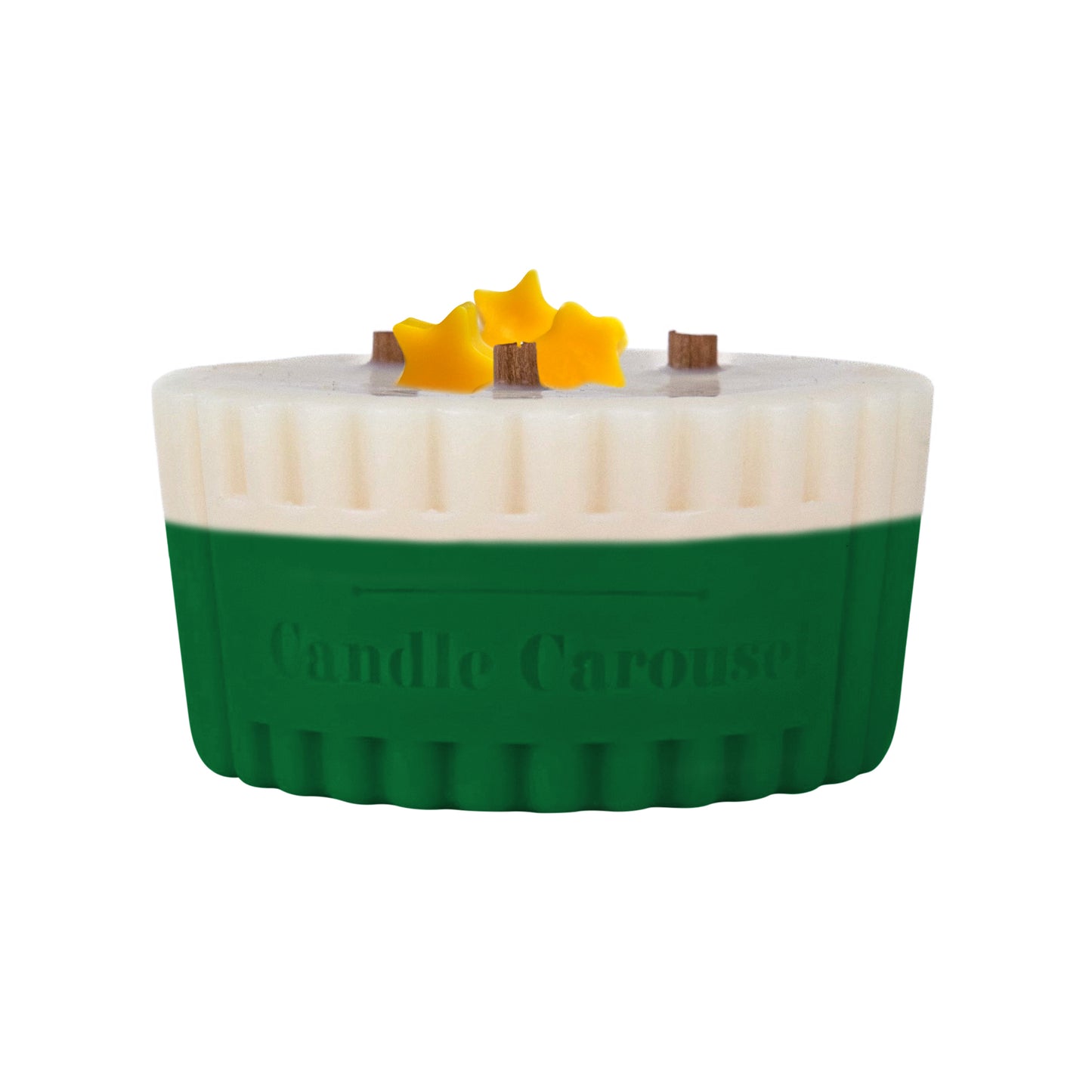 The Candle Carousel® Christmas Market Candle refill  with green base and white top featuring decorative elements on a white background