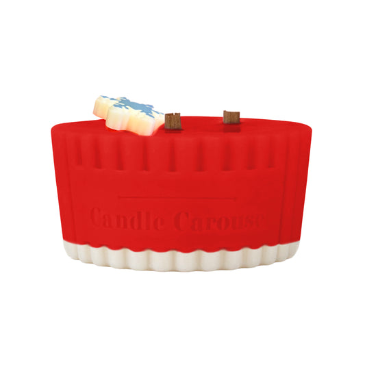 The Candle Carousel®  Frosted Toffee Apple Candle Refill. Red and White candle with Wooden Wicks on a white background