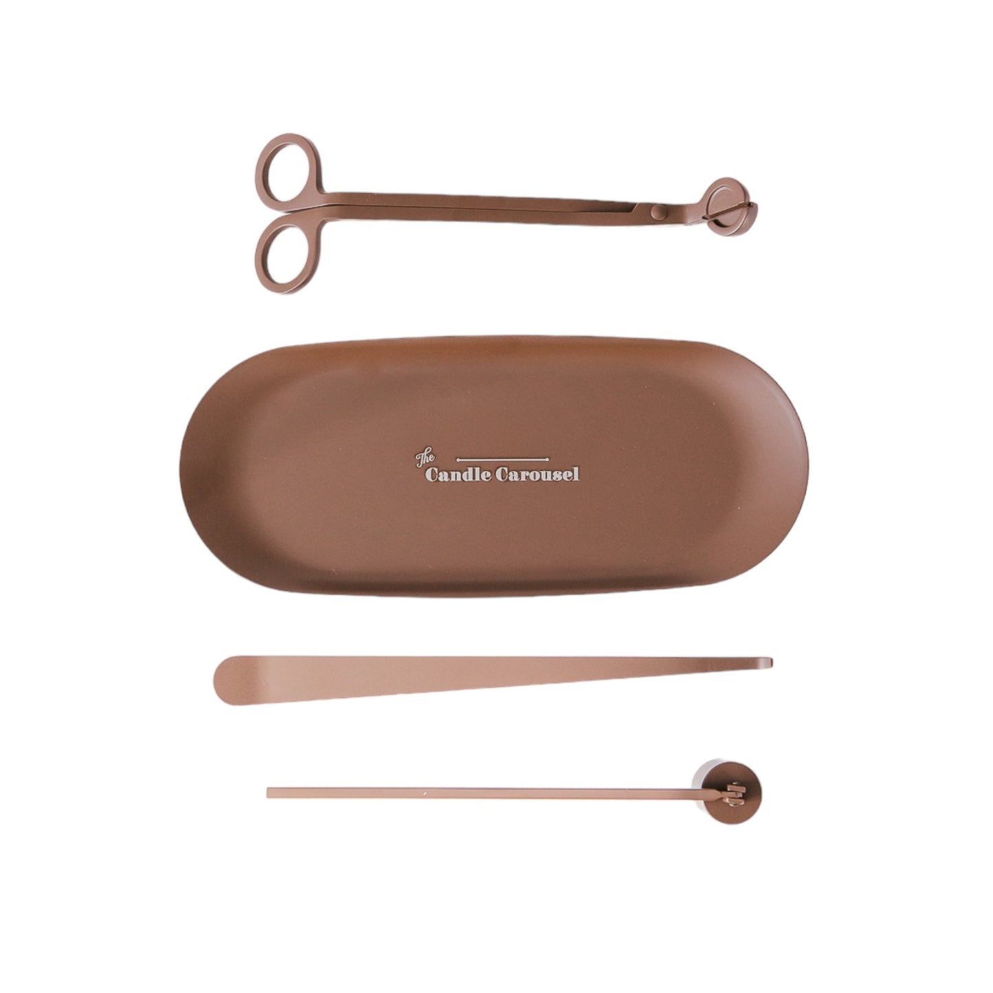 The Candle Carousel Candle Accessories Kit Set Brown Matte Finish, Snuffer Dipper Stick Wick Cutter and Tray, Birds Eye Overhead View Image