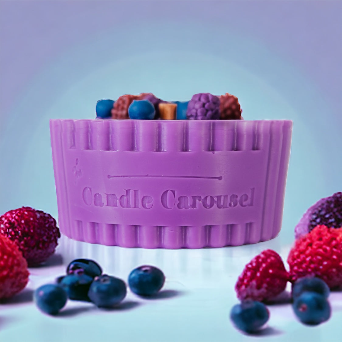 The Candle Carousel Refillable Sustainable Vegan and Cruelty Free Brand Company, Fortune Tellers Wagon Refill. Side View with ingredients demo. Buy Today and Pair with our Refillable Dishes to Refill Time and Time again!