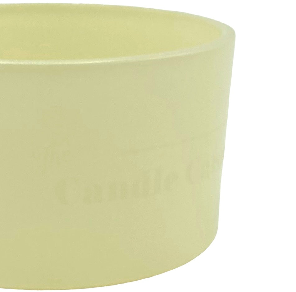 The Candle Carousel Cream Gloss Refillable Candle Dish, Sustainable Vegan and Cruelty Free Brand Company, Side Front Close Up Logo View. Buy today and fill with our Candle Refills Time and Time again!