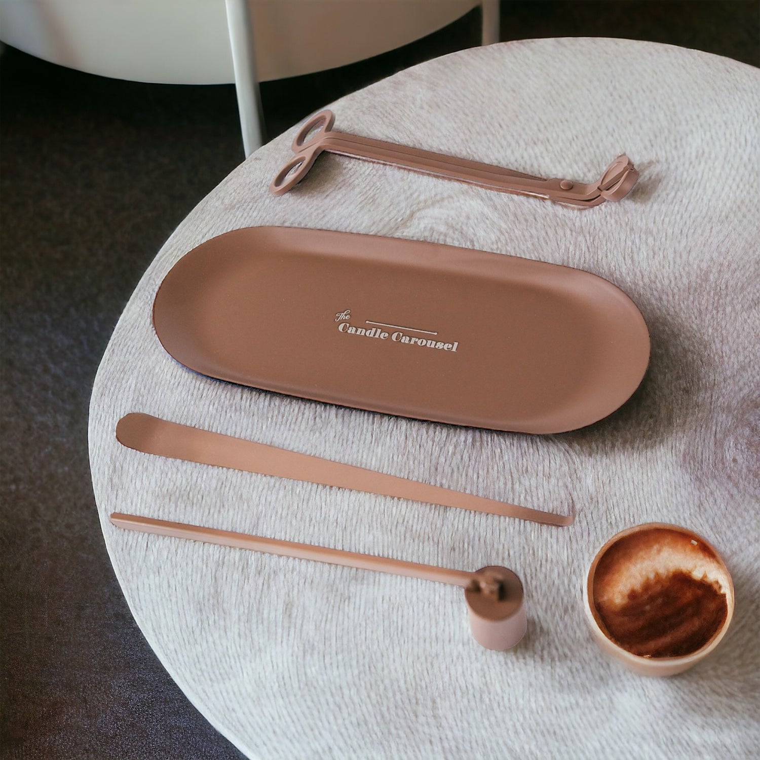 The Candle Carousel Candle Accessories Kit Set Brown Matte Finish, Snuffer Dipper Stick Wick Cutter and Tray, Lifestyle View Image