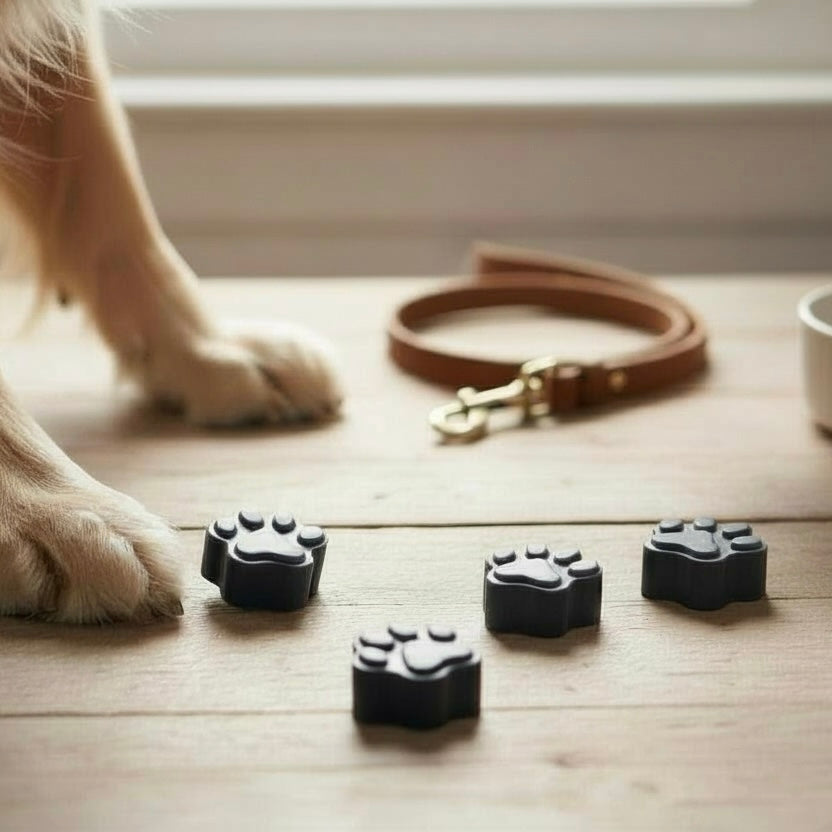 Black paw-shaped dog wax melts on a wooden floor with a dog and leash in the background.