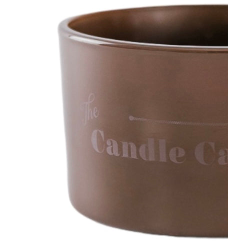 The Candle Carousel Brown Gloss Refillable Candle Dish, Sustainable Vegan and Cruelty Free Brand Company, Side Front Close Up of Logo View, Buy today and fill with our Candle Refills Time and Time again!